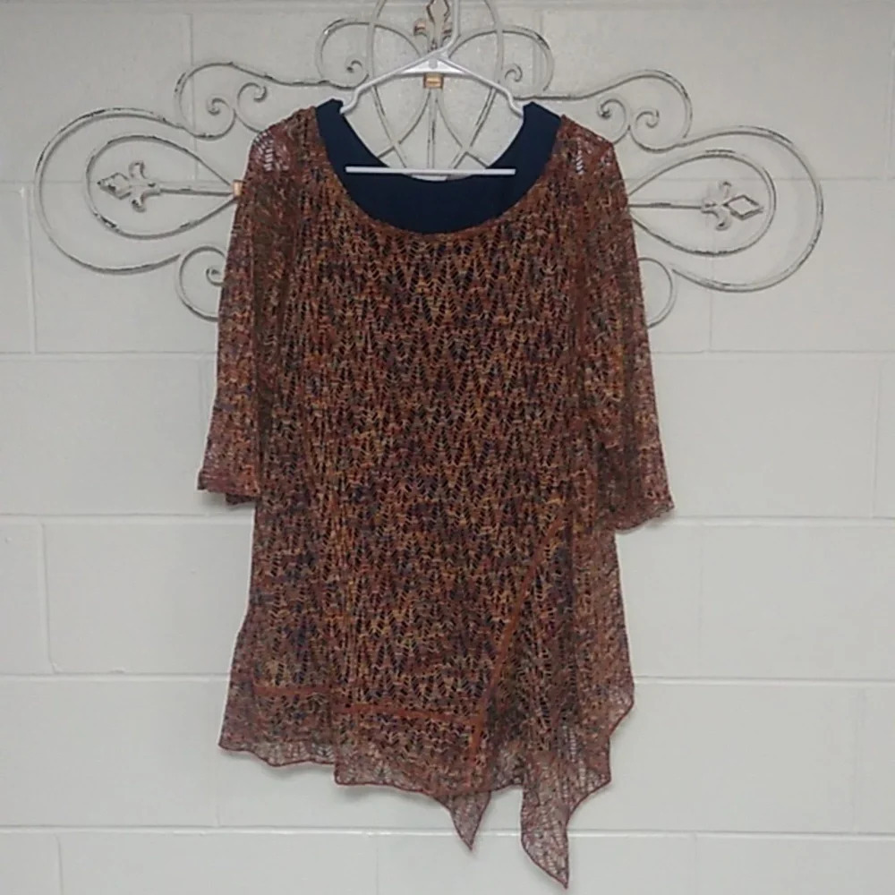 ONE WORLD SHEER CROCHET SHORT SLEEVE OVER TANK TOP,FALL COLORS, TUNIC